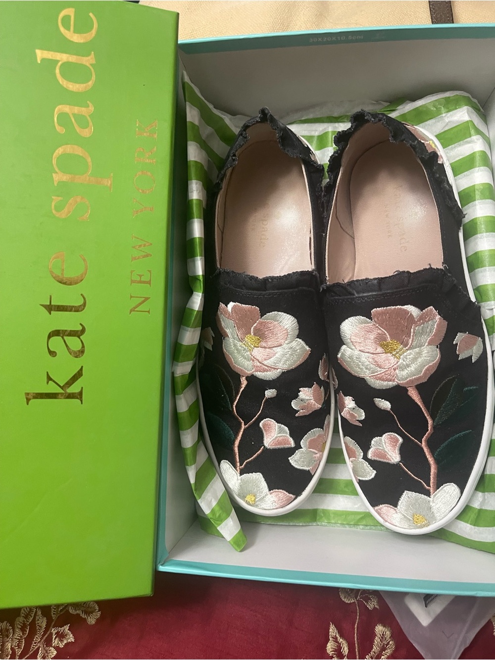 kate spade Black Slip-On Flats with Pink and Cream Floral Embroidery